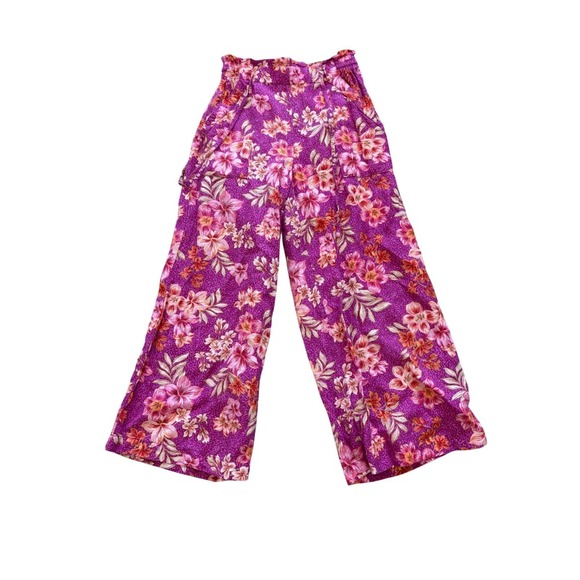 LOFT Floral Print Wide Leg Cropped Pants Elastic Waist XS Extra Small - Picture 2 of 4